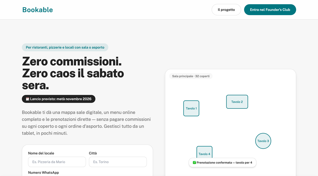 La pagina di lancio di Bookable con la mappa della sala